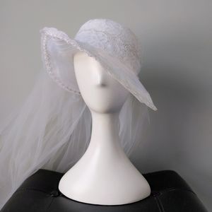 Vtg White Sheer Lace Tulle Pearl Trim Wedding Hat